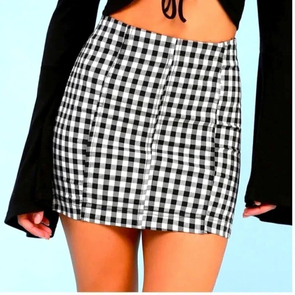 Free People Size 2 Small Black & White Gingham Plaid Mini Skirt Femme